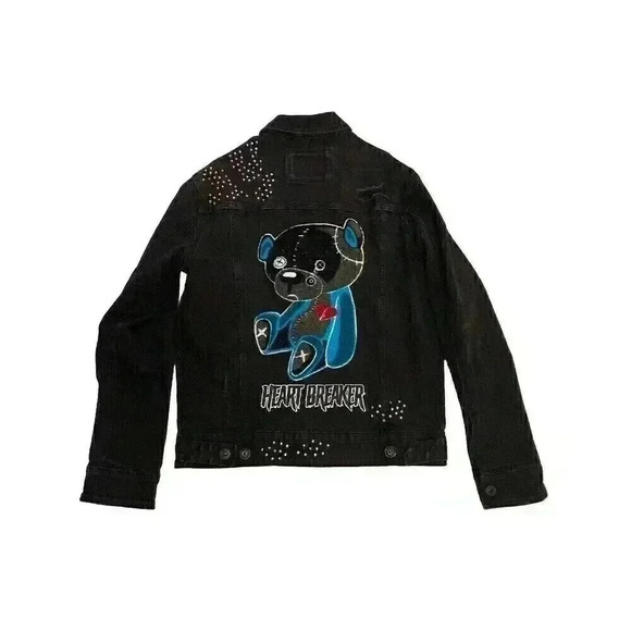 Kloud9 Unisex Medium Black Denim Jacket Destroyed Logo Heartbreaker Embellished - Picture 1 of 11